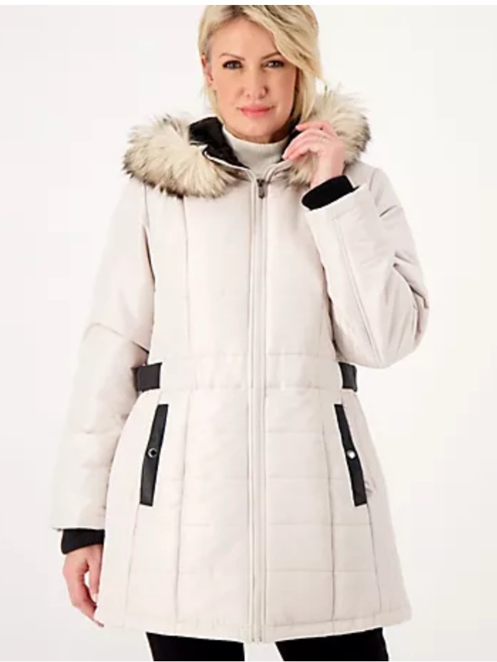 Susan Graver Water Resistant Puffer Coat W Faux Leather
